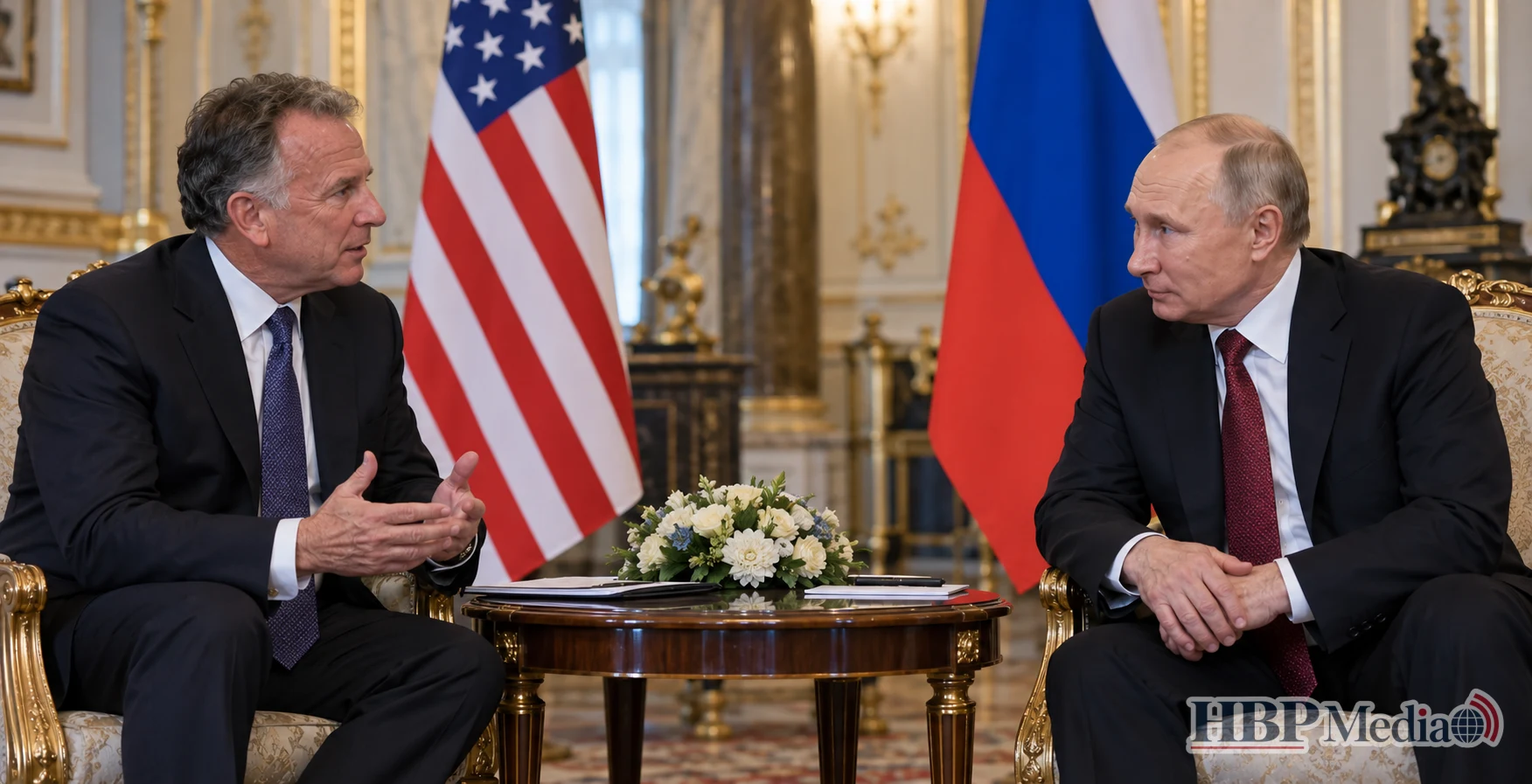 De Amerikaanse gezant Steve Witkoff tijdens zijn ontmoeting met de Russische president Vladimir Poetin in Sint-Petersburg op 21 oktober 2026.