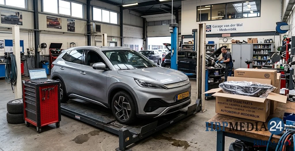 Een beschadigde moderne auto in een garage, wachtend op reparatie en onderdelen.
