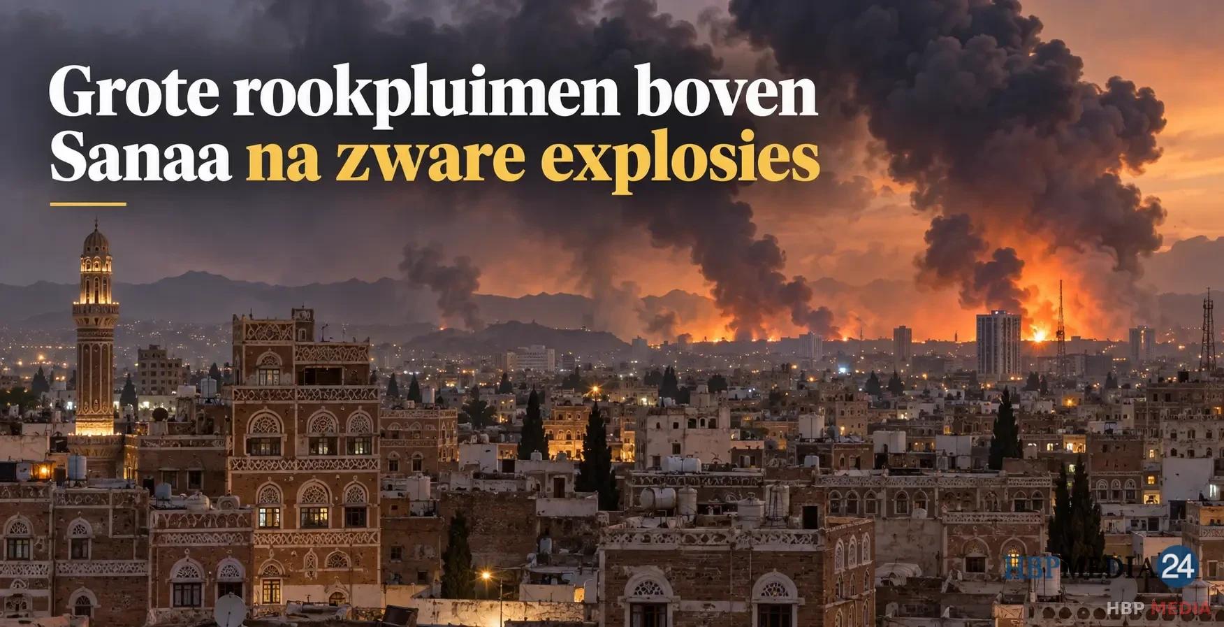 Grote rookpluimen boven Sanaa na zware explosies in de Jemenitische hoofdstad.