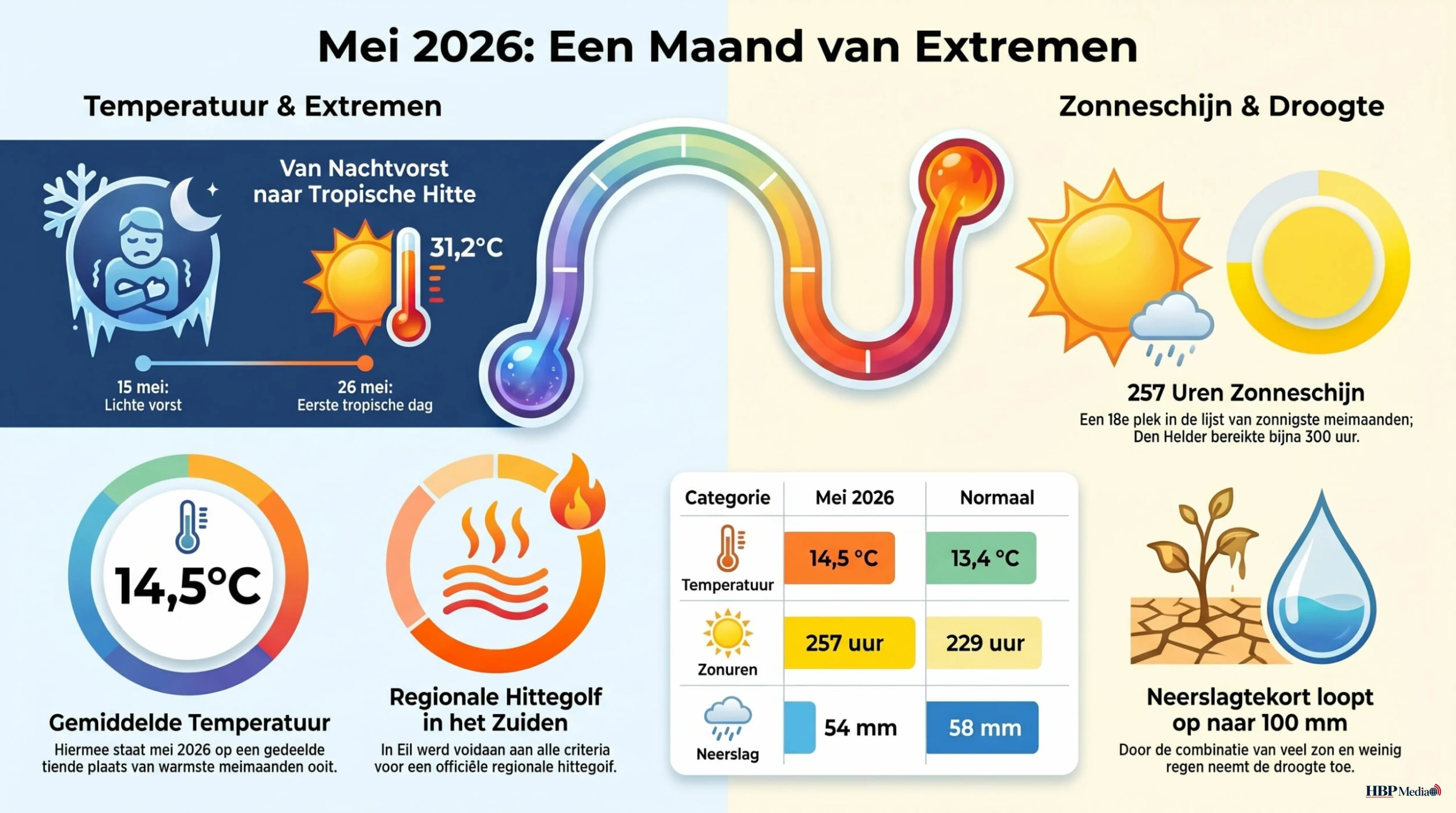 Zonnige lentedag in mei met oplopende temperaturen en droogte in Nederland.