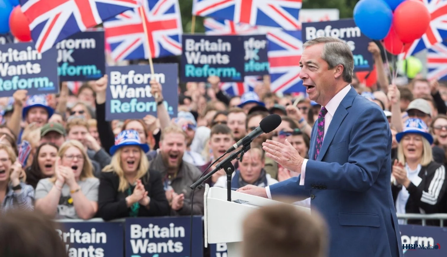 Nigel Farage spreekt aanhangers toe na verkiezingswinst van Reform UK