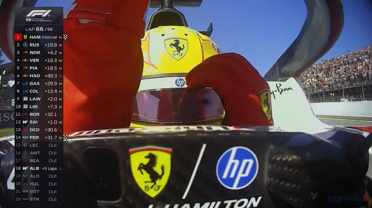 Lewis Hamilton viert zijn eerste Grand Prix-zege voor Ferrari in Barcelona