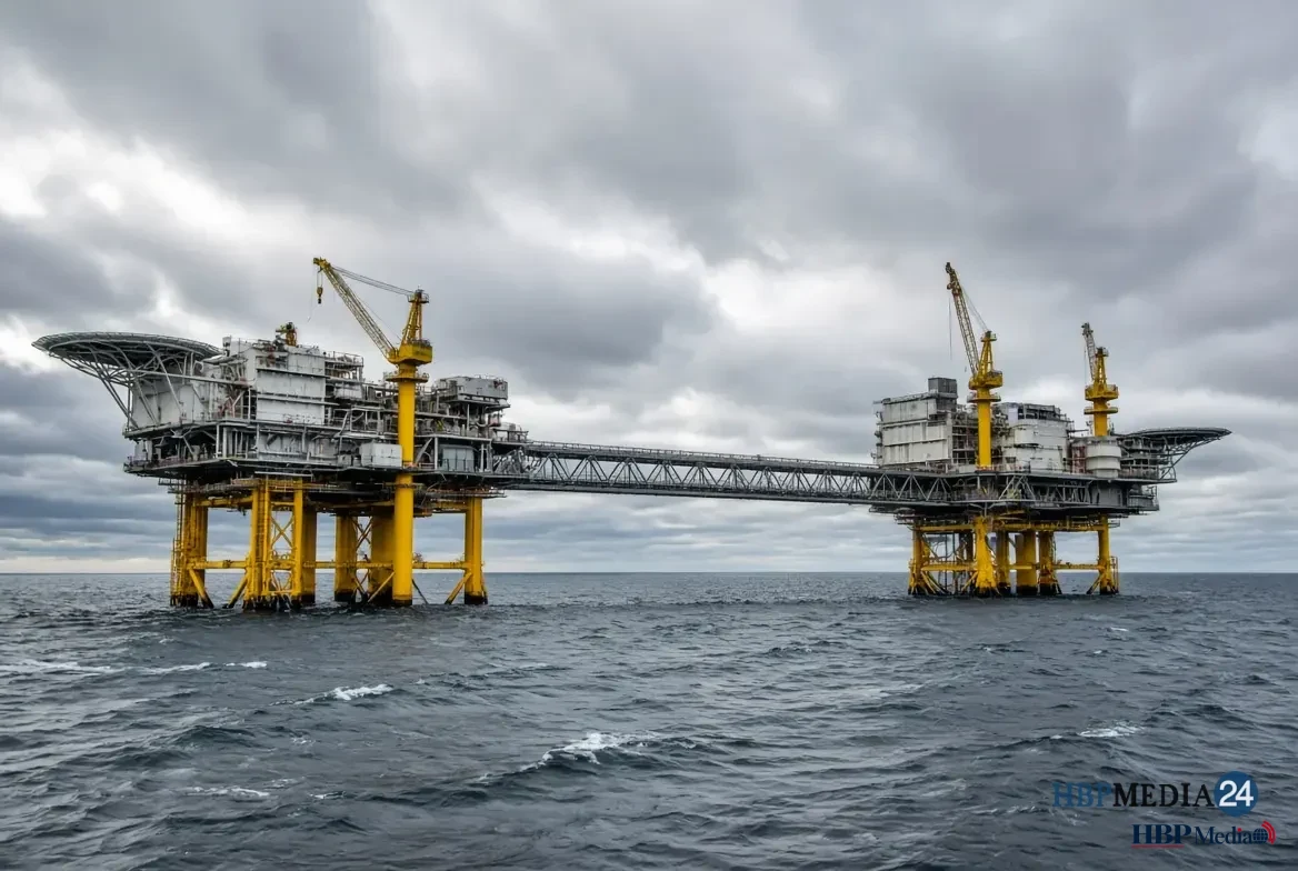 Twee offshore platforms op het Johan Sverdrup-olieveld in de Noordzee bij Noorwegen