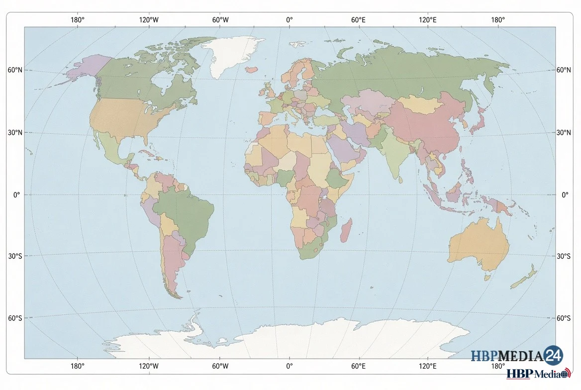 Een wereldkaart die de werkelijke geografische verhoudingen en landgroottes weergeeft.