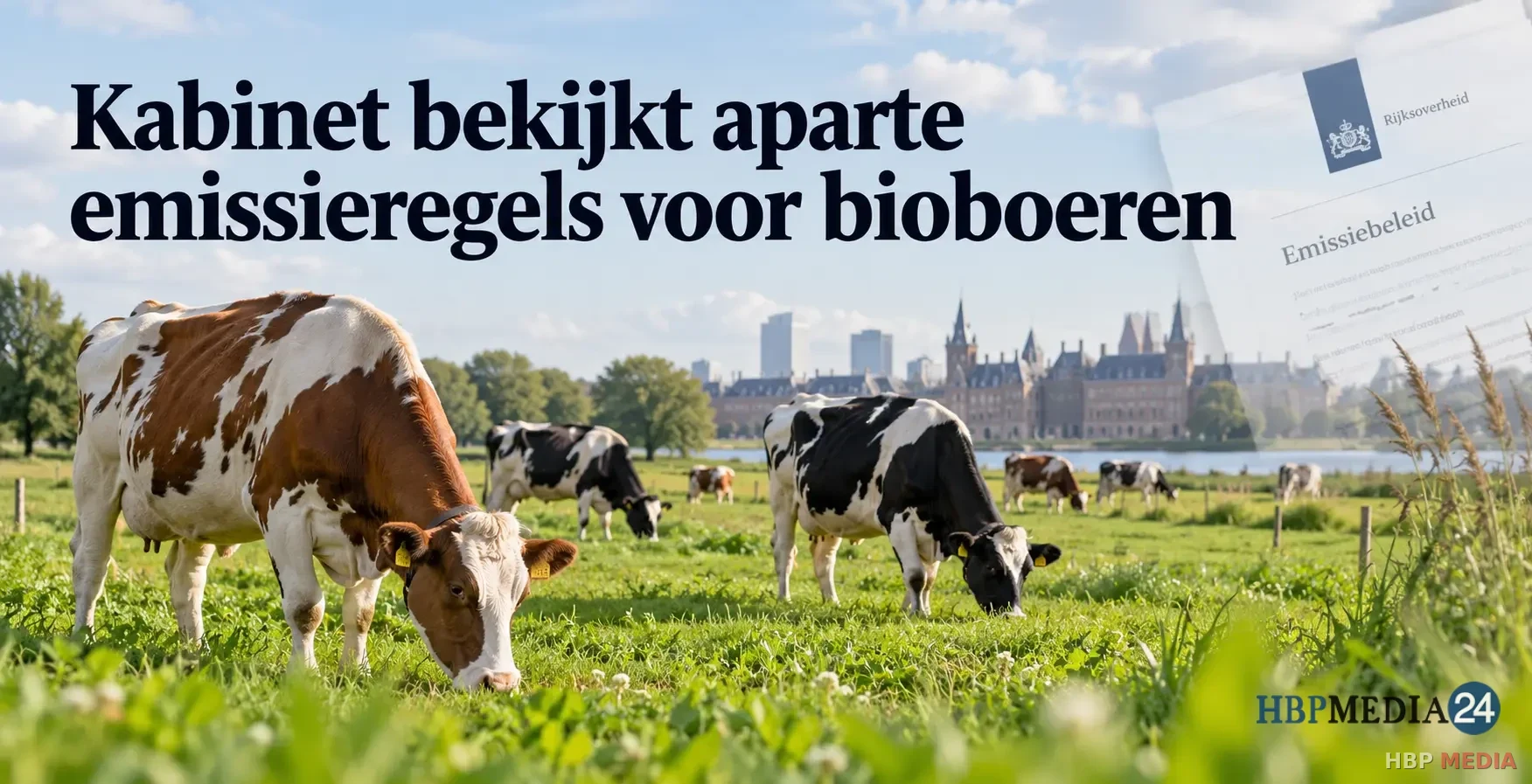 Biologische melkkoeien in de wei terwijl het kabinet nieuwe emissienormen uitwerkt