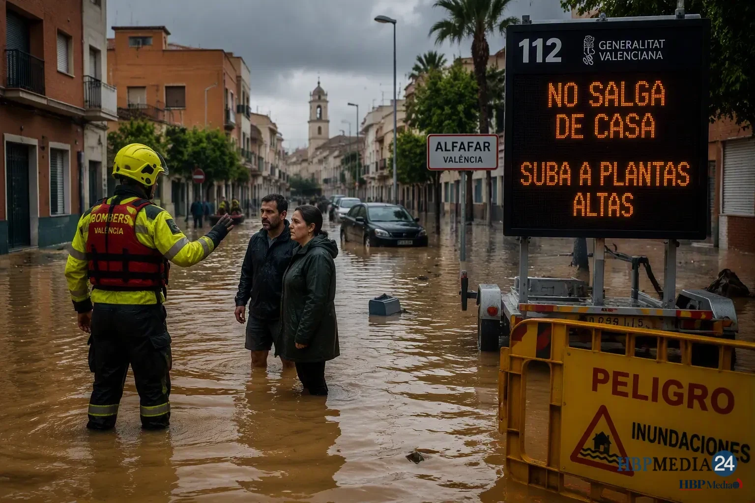 Overstroomde straat in de regio Valencia waar hulpdiensten inwoners waarschuwen voor extreem noodweer en stijgend water.