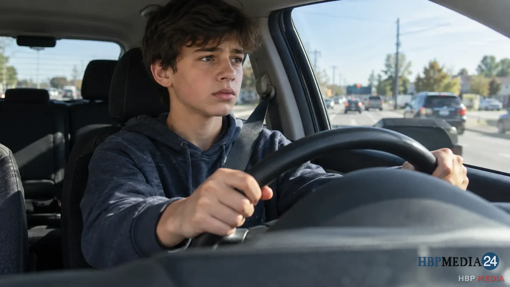 Jongere achter het stuur van een auto zonder rijbewijs tijdens een autorit