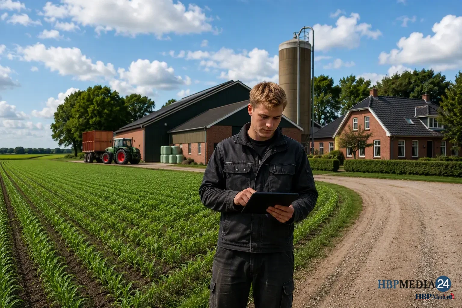 Landbouwgrond en boerderij waar een jonge landbouwer een bedrijf overnam
