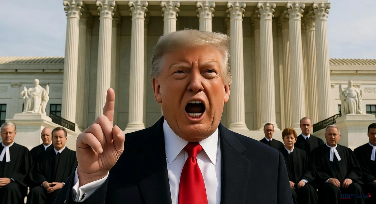 President Donald Trump tijdens een felle toespraak waarin hij de Amerikaanse rechtspraak bekritiseert.
