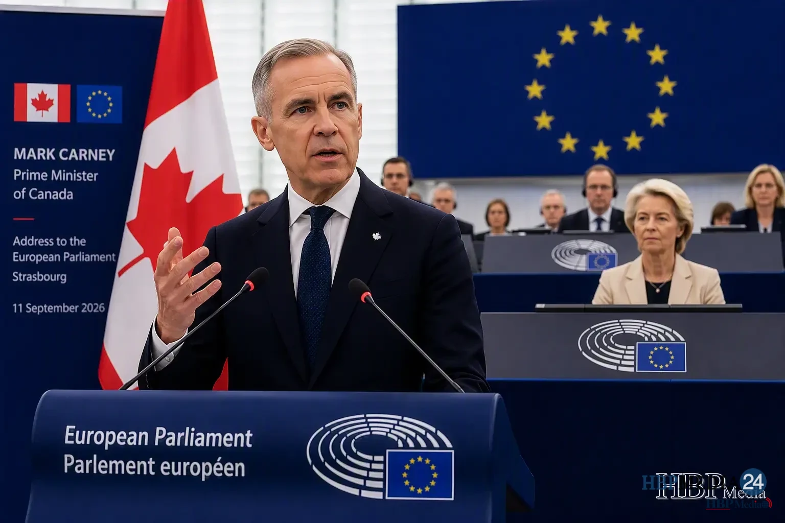 De Canadese premier Mark Carney spreekt het Europees Parlement toe over samenwerking tussen Canada en de Europese Unie.