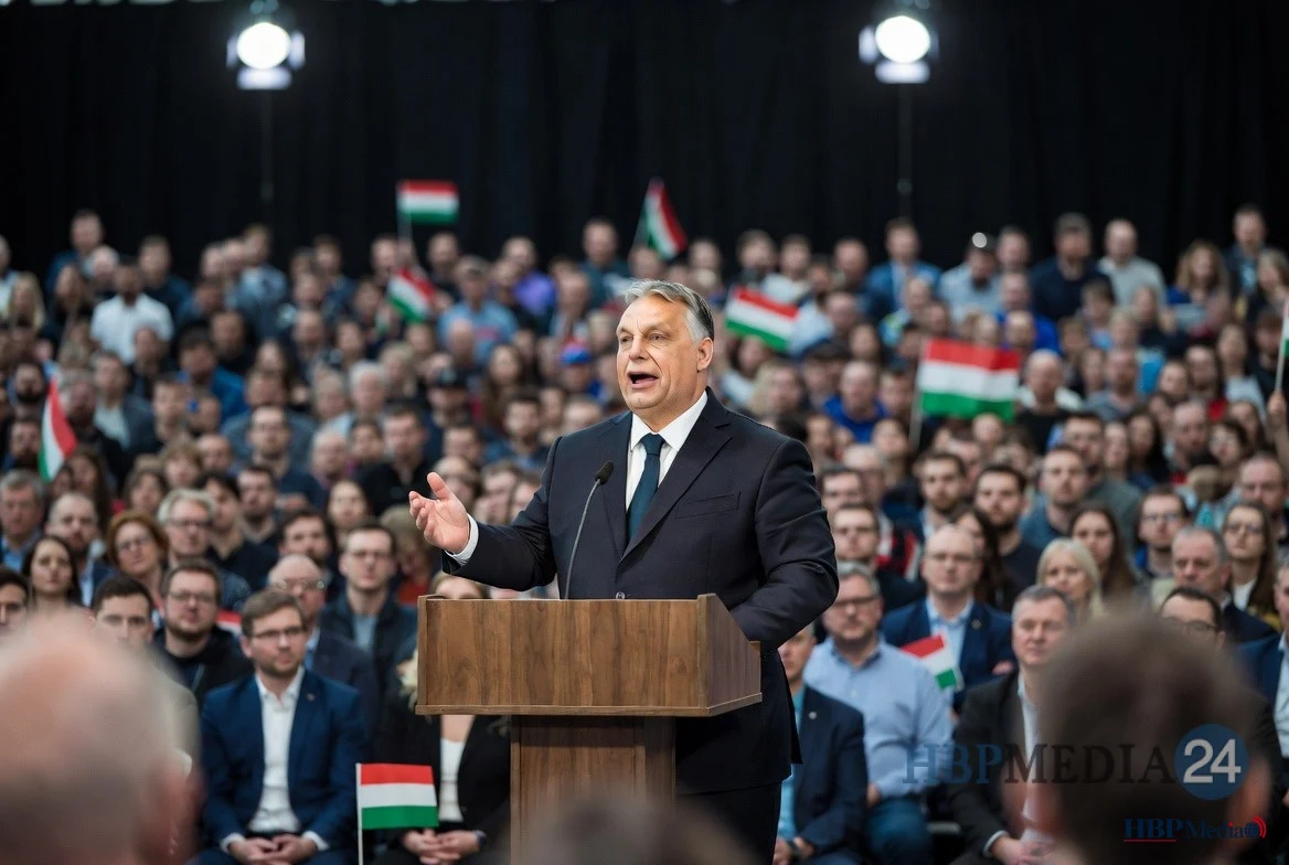 Viktor Orbán spreekt zijn aanhangers toe over de politieke situatie in Hongarije