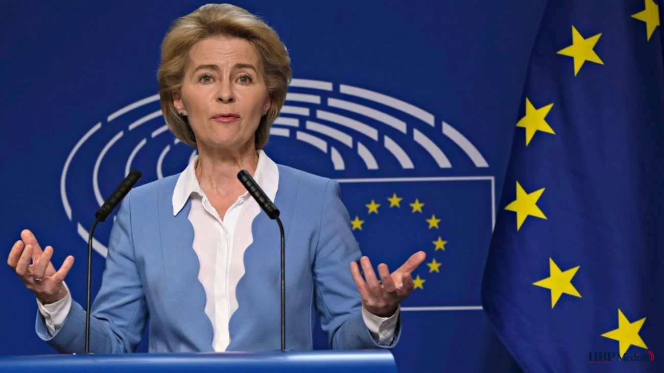 Ursula von der Leyen tijdens een persmoment als voorzitter van de Europese Commissie
