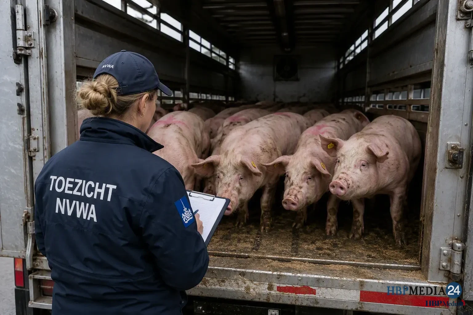 Varkens in een veetransportwagen tijdens een inspectie door de toezichthouder