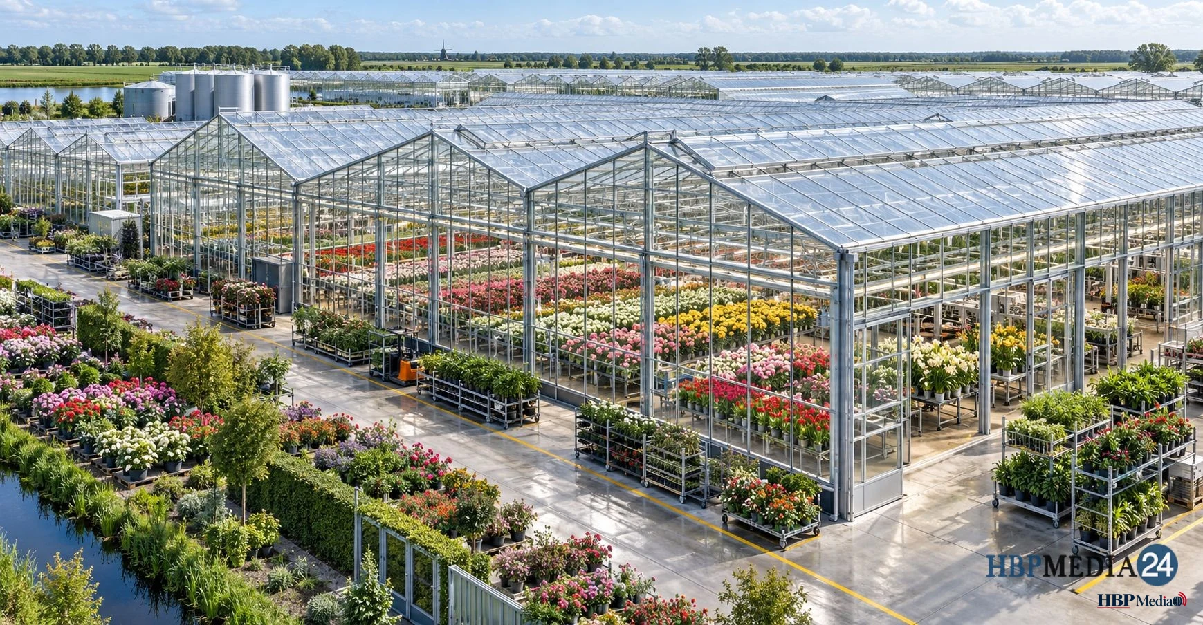 Kassencomplex met snijbloemen en sierplanten van veredelingsbedrijven.