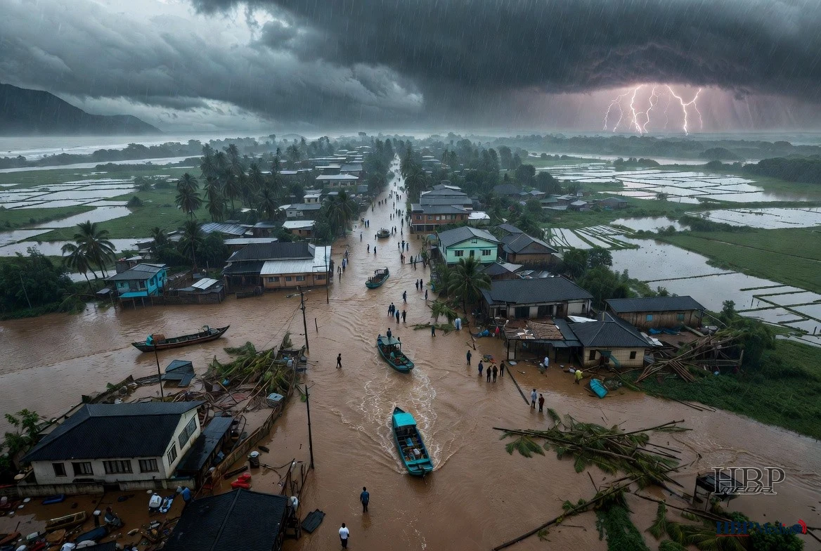 Overstroming in een kwetsbaar land na extreem weer door klimaatverandering
