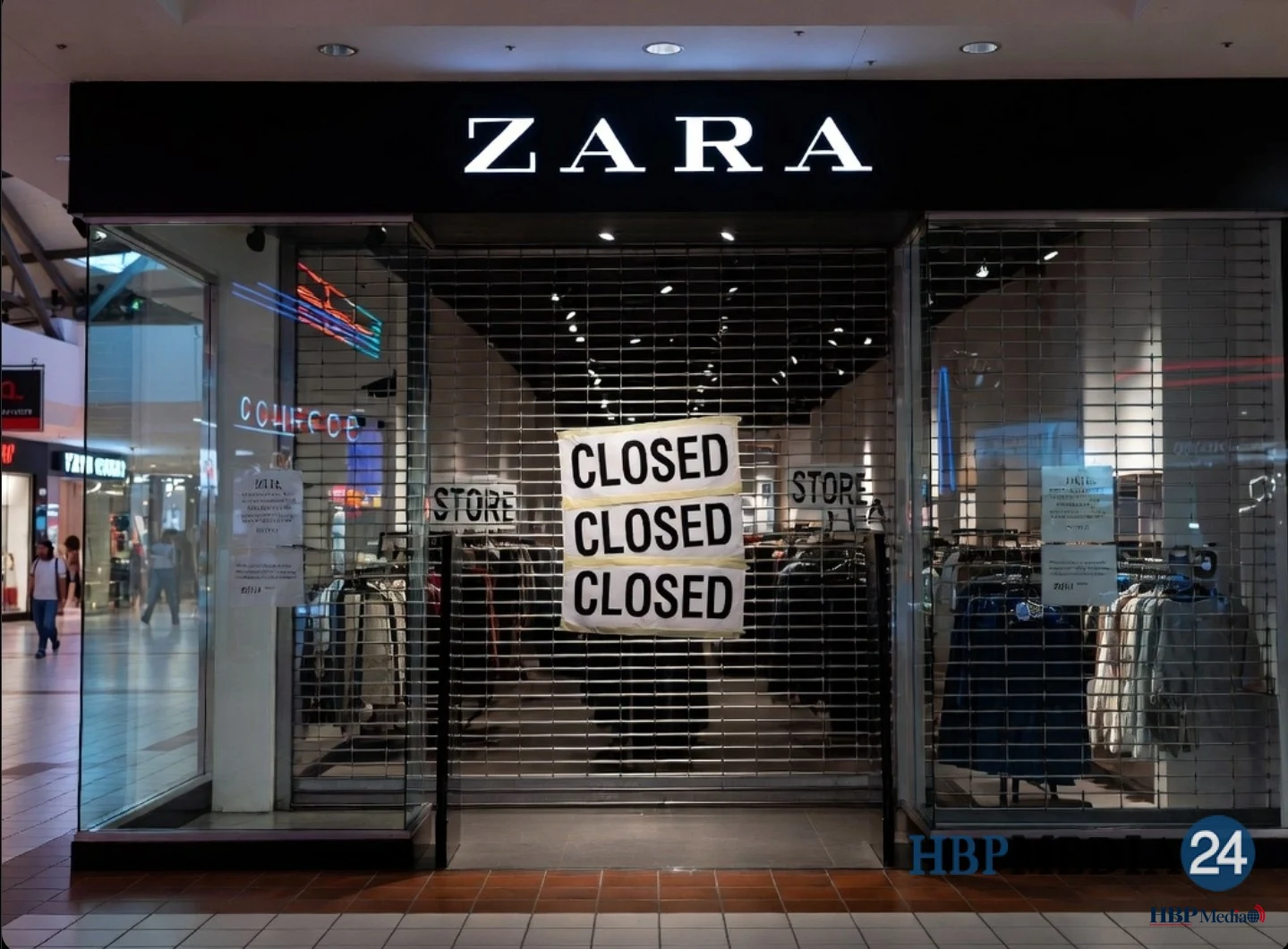 Gesloten kledingwinkel van het Spaanse merk Zara in een Amerikaans winkelcentrum na de handelsboycot.