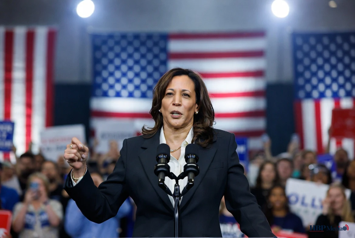 Kamala Harris spreekt tijdens een politieke bijeenkomst