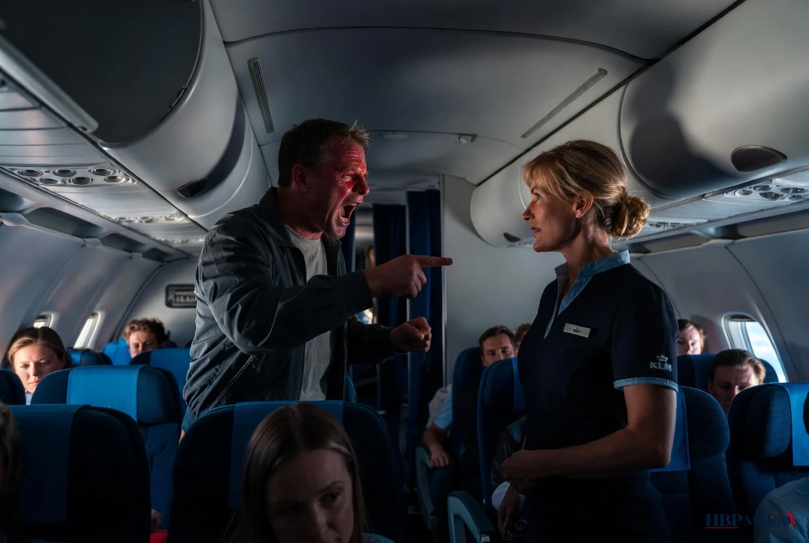 Cabinepersoneel spreekt passagier aan in vliegtuigcabine