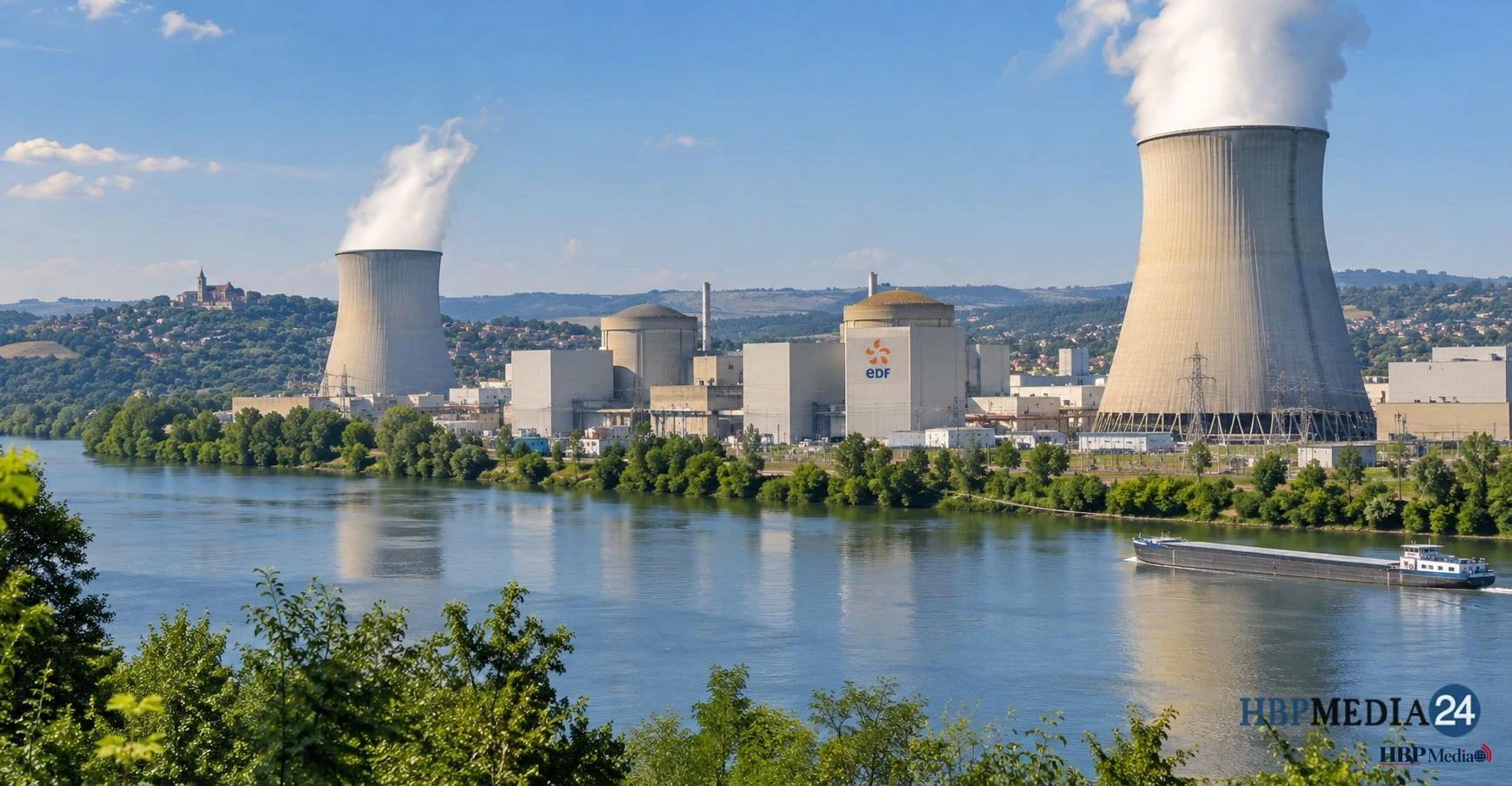 Kerncentrale aan een rivier tijdens een warme zomerdag in Frankrijk.
