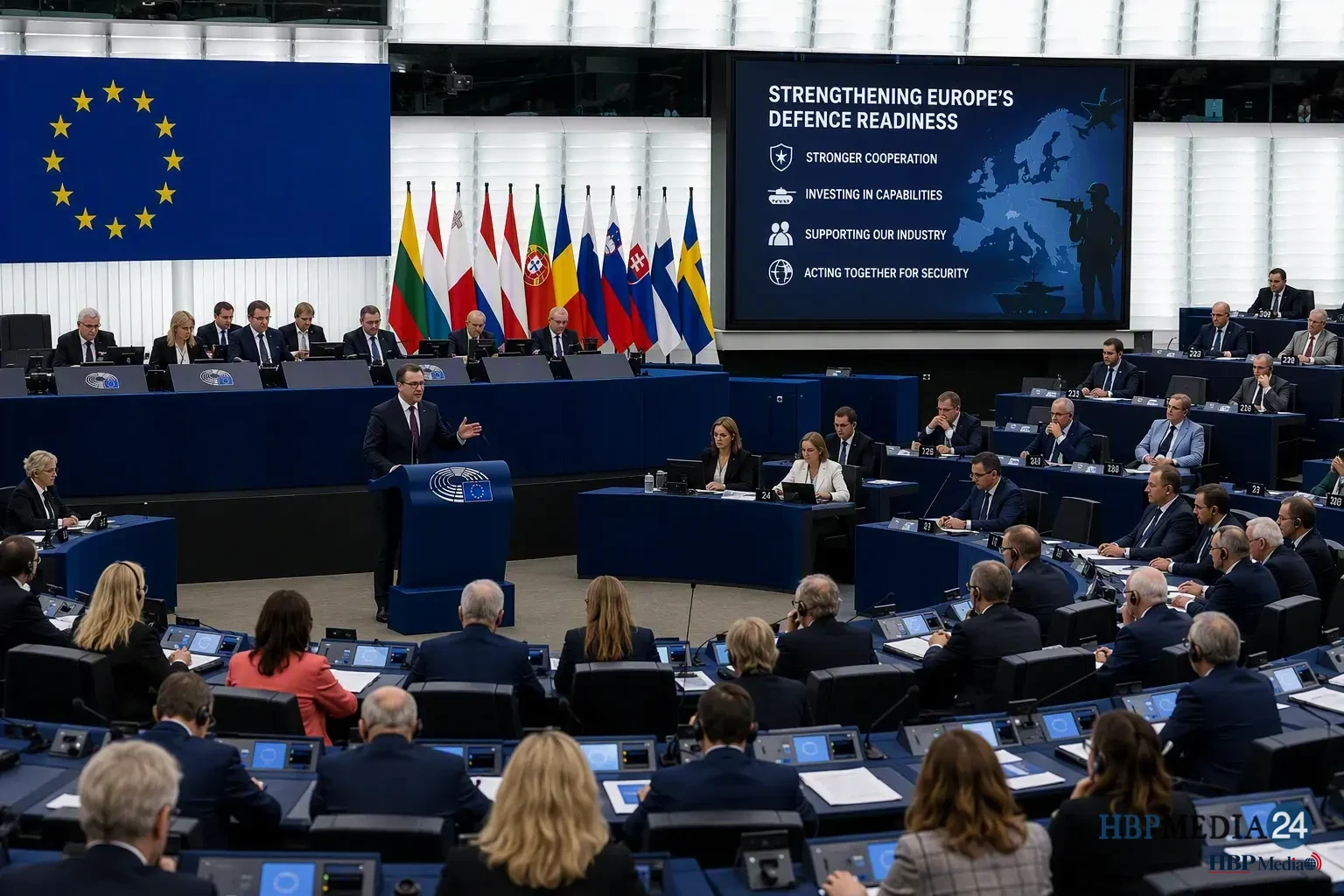 Europees Parlement in vergadering over nieuwe maatregelen voor versterking van de Europese defensiegereedheid.