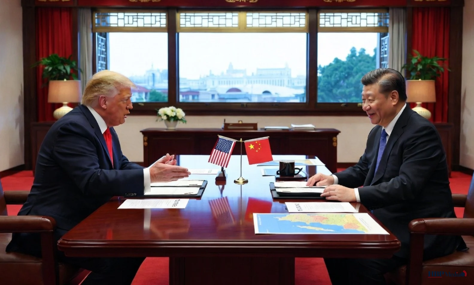 Donald Trump en Xi Jinping tijdens overleg in Beijing over handel, Taiwan en geopolitiek.