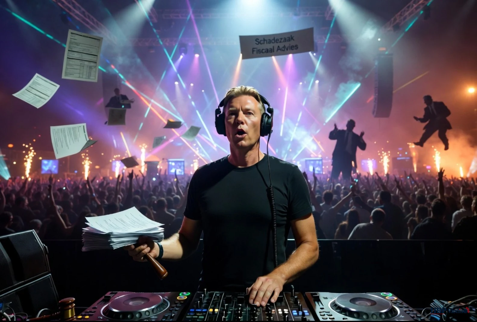 Tiësto tijdens een optreden, betrokken bij een civiele schadezaak over fiscaal advies.