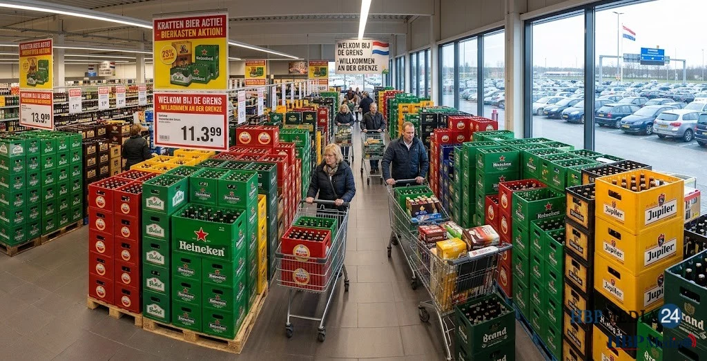 Kratten bier in een supermarkt nabij de Nederlandse grens.