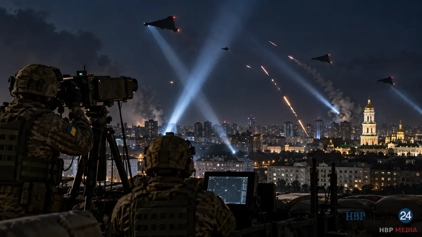 Oekraïense luchtverdediging houdt de hemel boven Kyiv in de gaten tijdens aanvallen met Russische jetdrones.