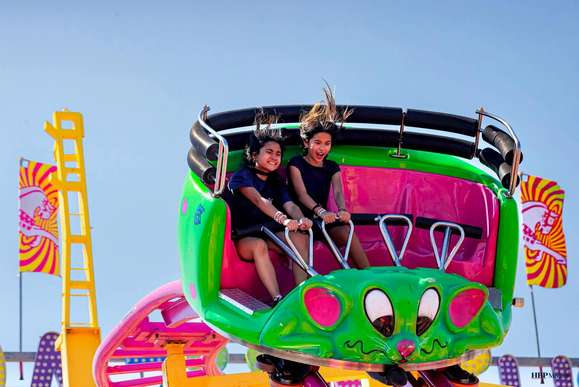 Een reuzenrad in een pretpark tegen een heldere blauwe lucht.