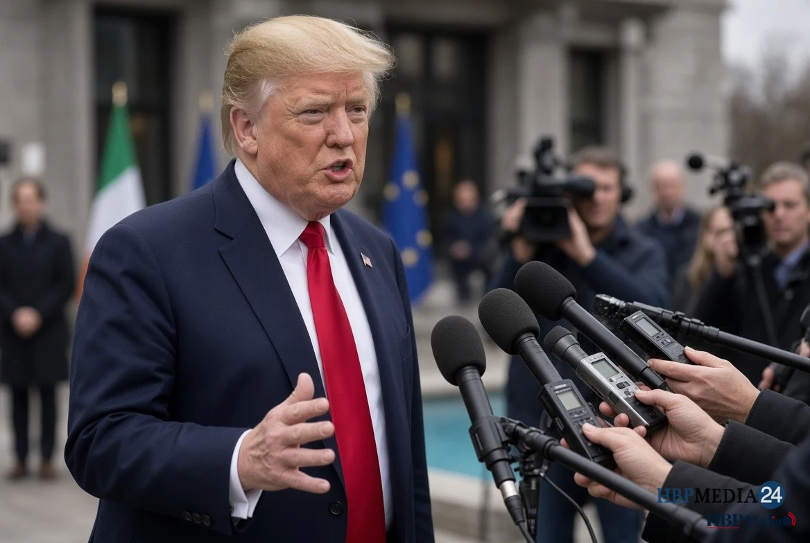Donald Trump tijdens een persmoment waar hij reageert op de drone-aanvallen