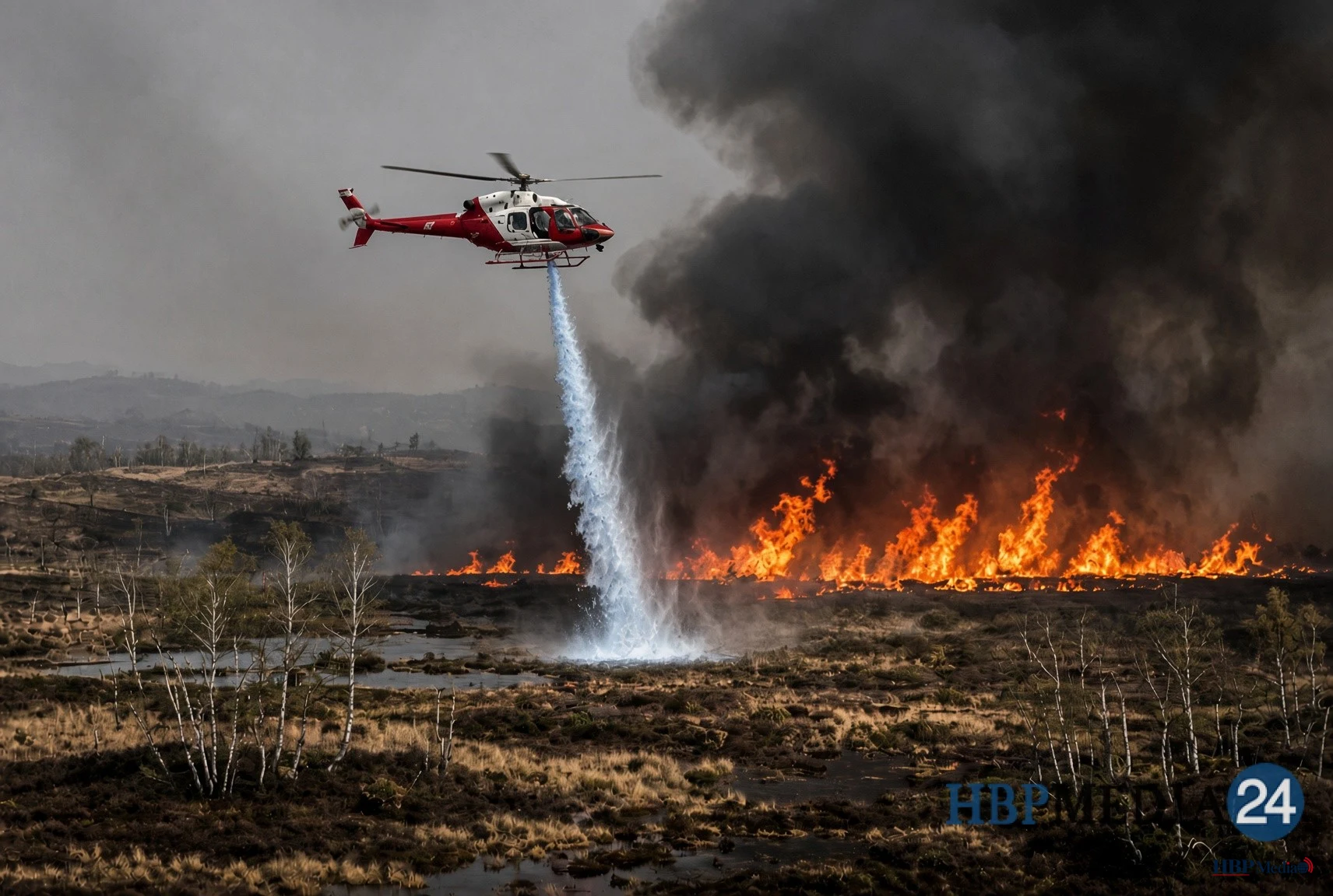 Blushelikopter bestrijdt de gigantische bosbrand in natuurgebied de Hoge Venen in België.