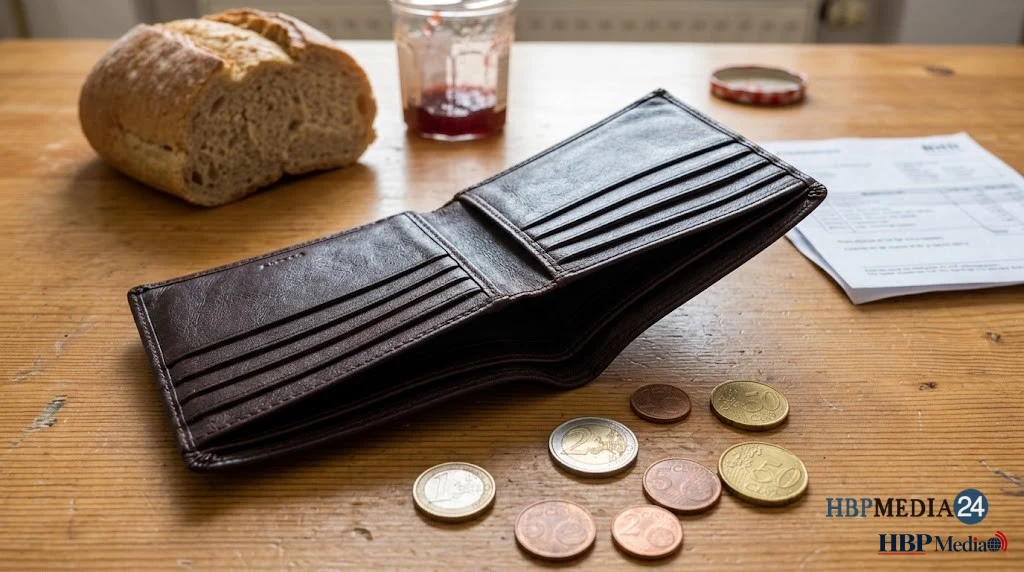 Euromunten en een lege portemonnee op een keukentafel, symbool voor armoede