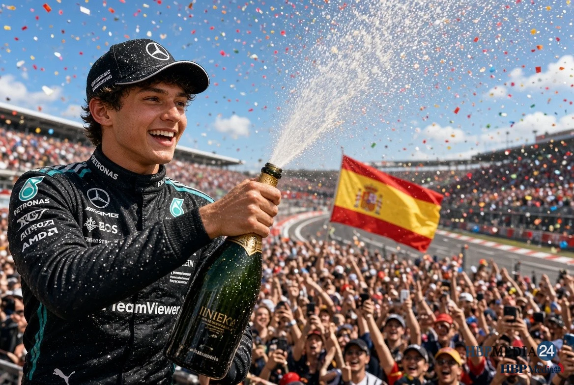Kimi Antonelli viert zijn overwinning in de Grand Prix van Spanje