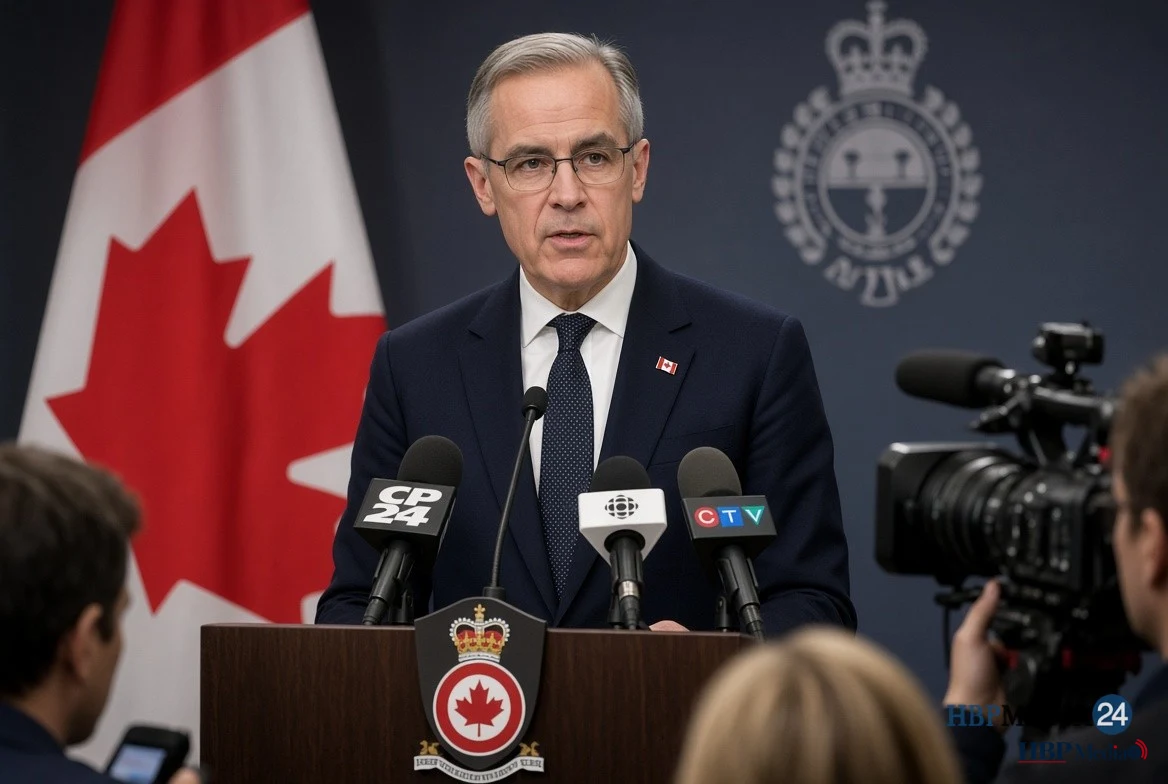 De Canadese premier Mark Carney spreekt de pers toe over de handelspanningen