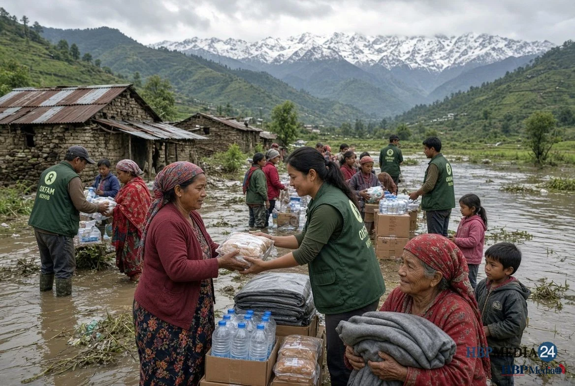 Hulpverleners van Oxfam Novib bieden noodhulp na overstromingen in Nepal