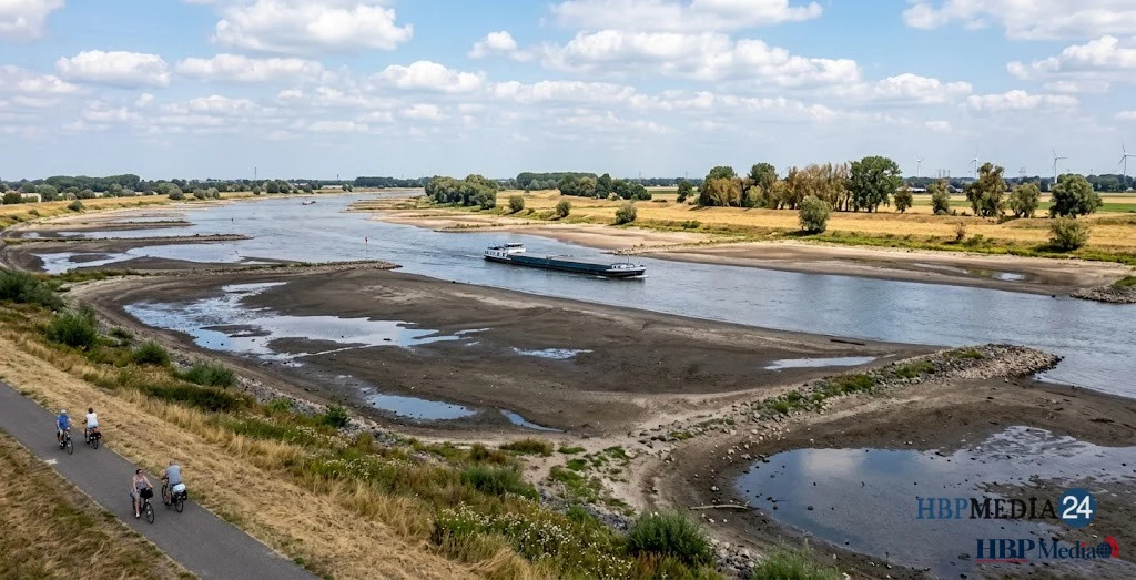 Lage waterstand van een rivier tijdens een droge zomerperiode ondanks recente regenval.