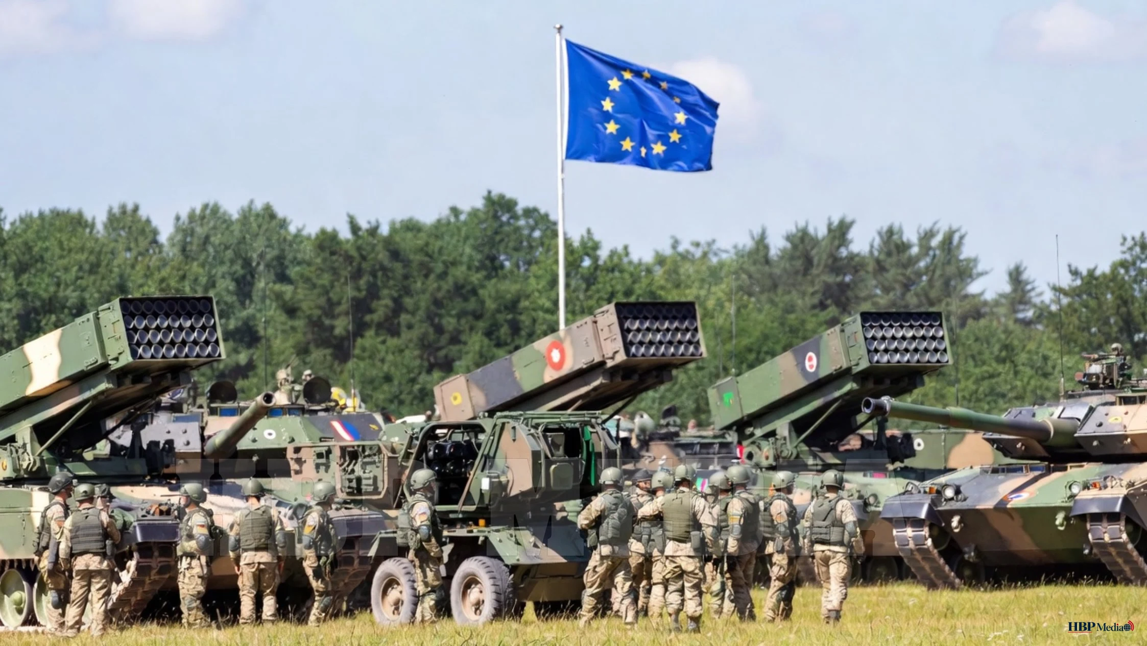 Illustratie van een gezamenlijk Europees leger met Europese wapens en defensiesystemen