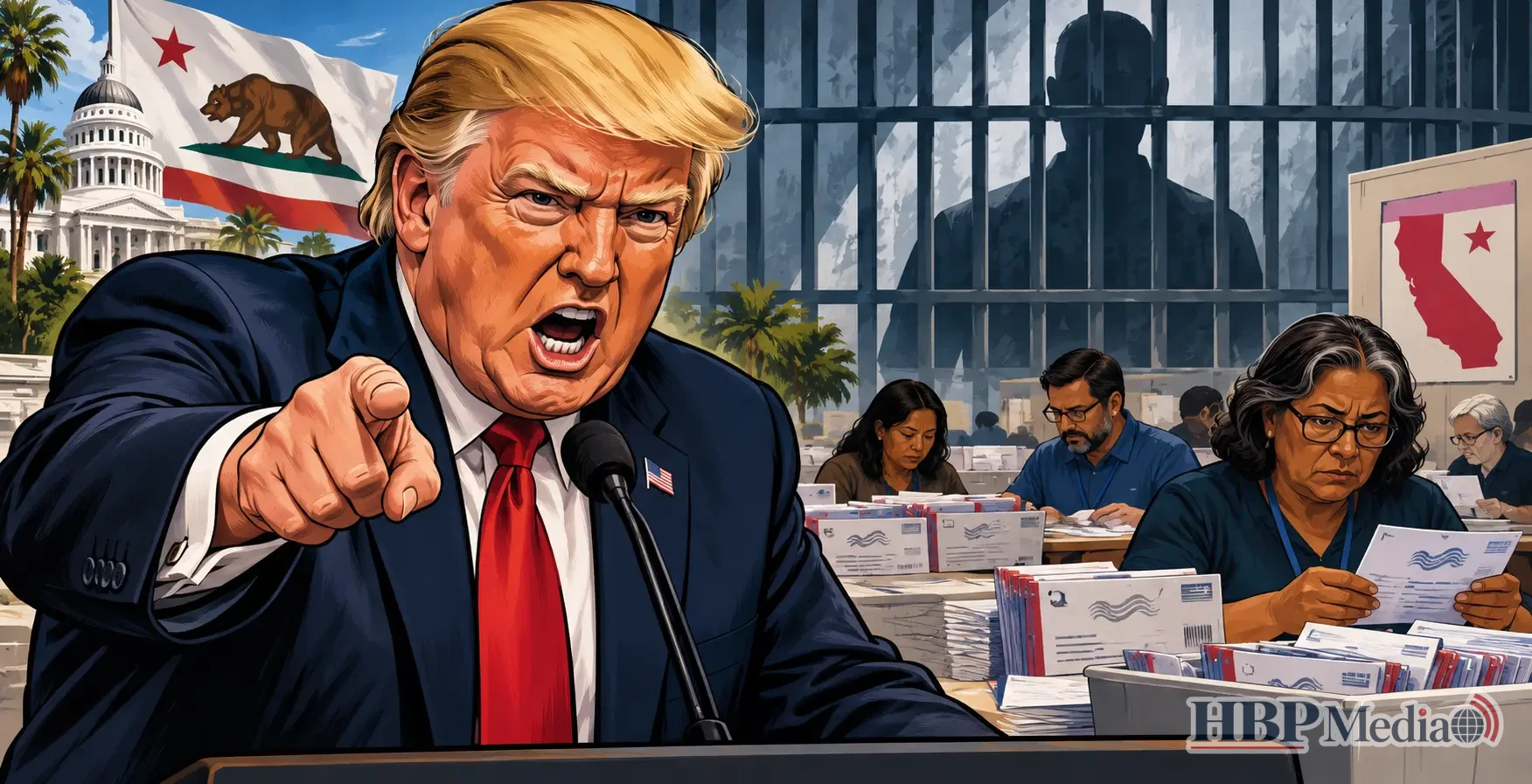 Donald Trump dreigt verkiezingsfunctionarissen in Californië met gevangenisstraf vanwege een conflict over briefstemmen.