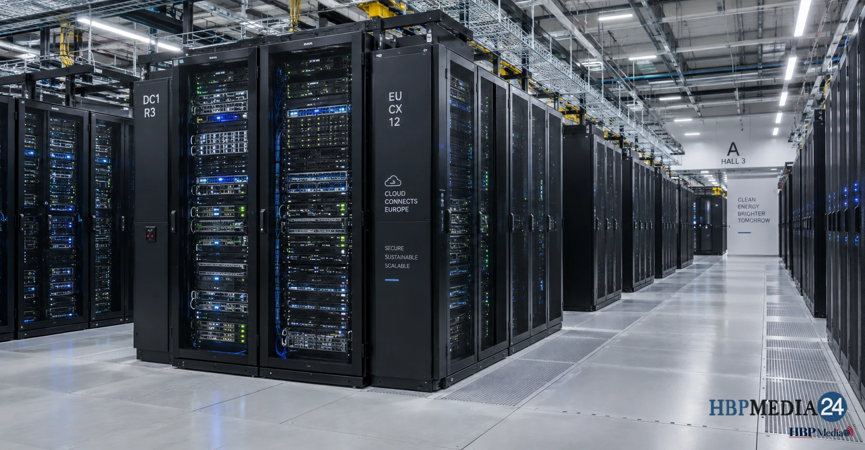 Een moderne serverruimte in een groot Europees datacenter vol met computerapparatuur.
