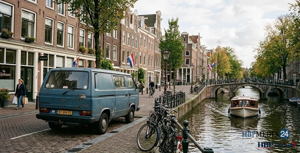 Een oudere dieselbestelbus geparkeerd in de binnenstad van Amsterdam