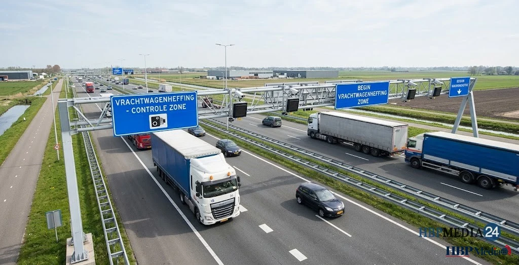 Vrachtwagens rijden over een Nederlandse snelweg onder het systeem van vrachtwagenheffing.