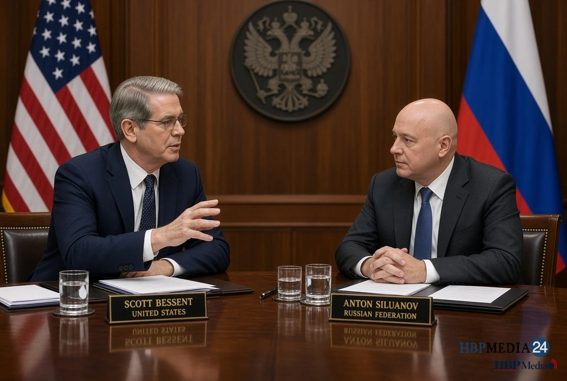 de Amerikaanse minister van Financiën Scott Bessent en zijn Russische ambtgenoot Anton Siluanov.