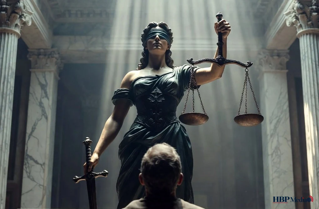 De weegschaal van Vrouwe Justitia voor het gerechtsgebouw in Den Haag bij een cold case uitspraak