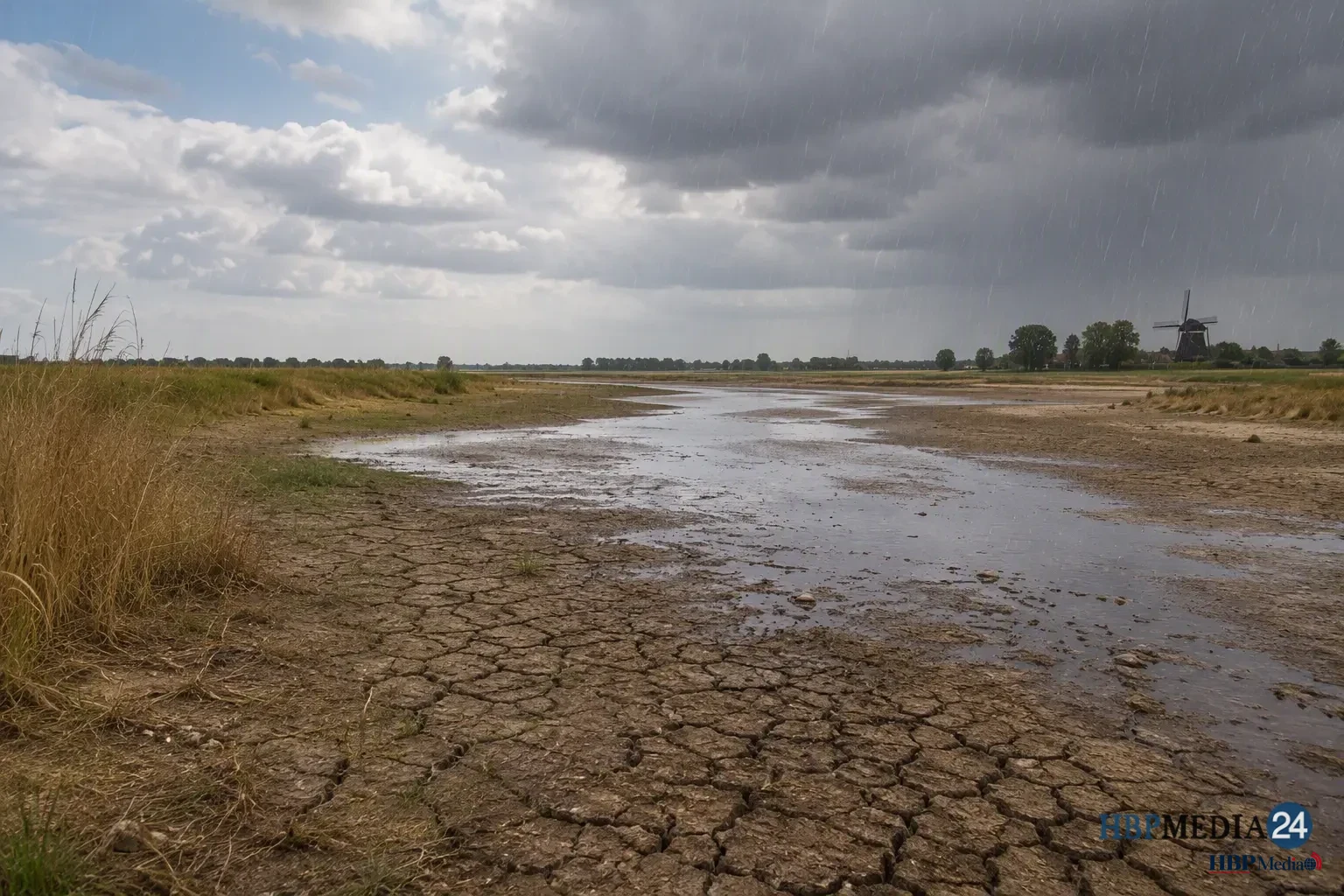 Droog landschap in Nederland waar het neerslagtekort langzaam afneemt door regenbuien