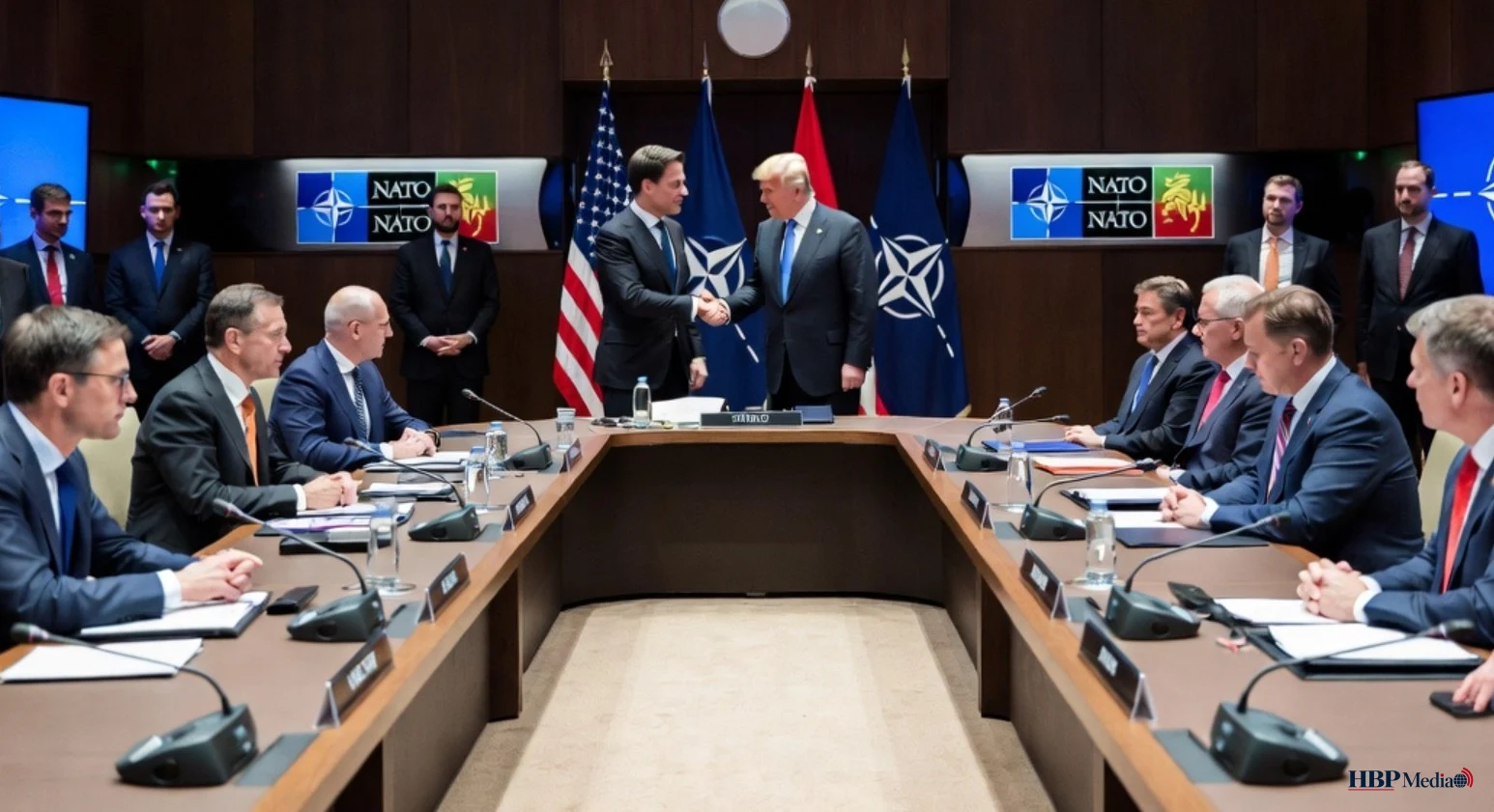NAVO-secretaris-generaal Mark Rutte in overleg met bondgenoten tijdens een internationale top