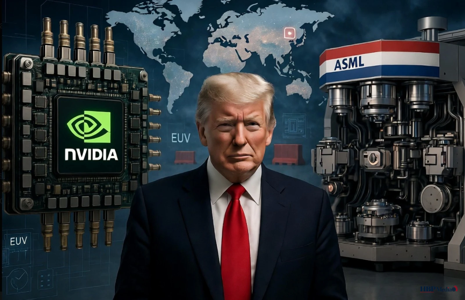 Nvidia-chip en ASML-machine als symbool voor spanningen tussen VS, China en Europa