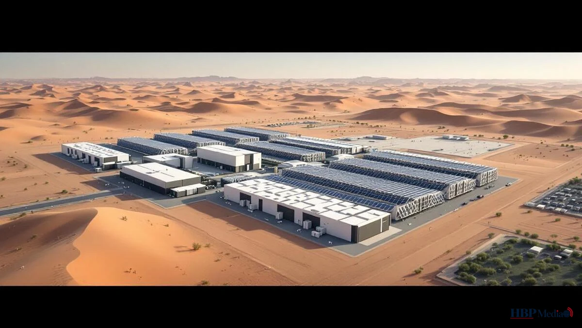 Artist impressie van het hypermoderne Stargate AI-datacenter in de woestijn van Abu Dhabi.