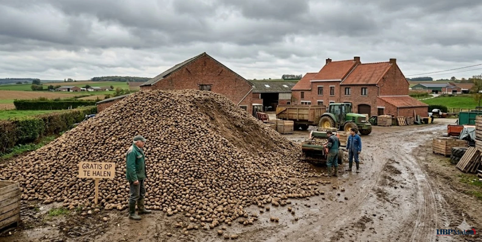 Grote stapel aardappelen bij Belgische boerderij door overschot
