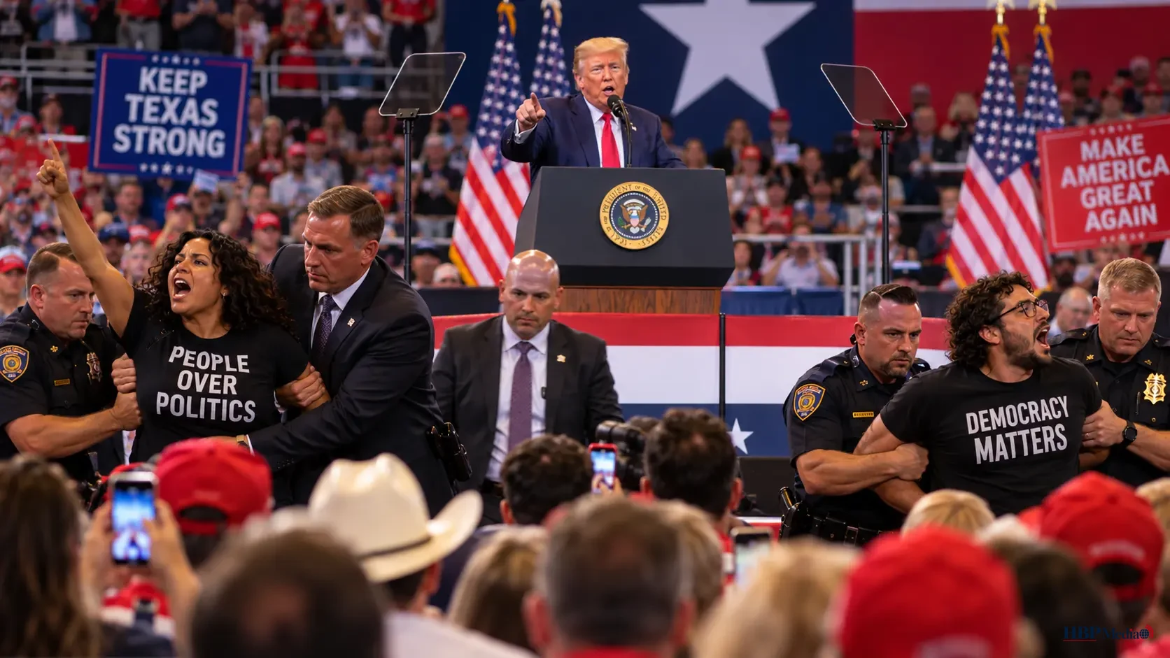 President Donald Trump spreekt tijdens een Republikeinse verkiezingsbijeenkomst in San Antonio, Texas, waar demonstranten door de politie worden verwijderd.