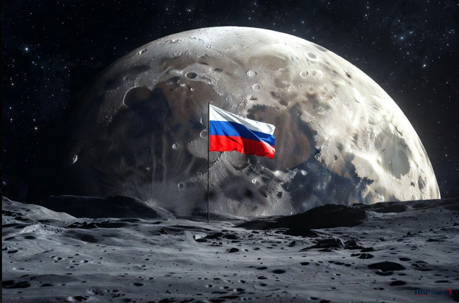 Artistieke impressie van een toekomstige Russische maanbasis met vlag en mijnbouwapparatuur op de zuidpool van de maan